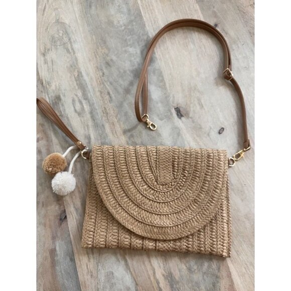 unbranded Handbags - Natural Tan Straw clutch wristlet crossbody shoulder bag with pom poms